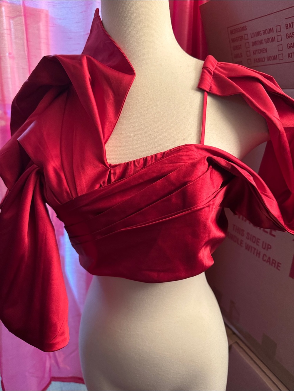 Red Draped Off-Shoulder Crop Top